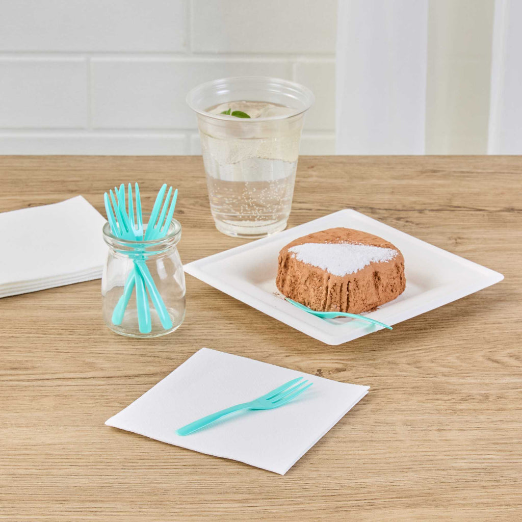 Coppetta Teal Plastic Cake Fork with Knife Edge - 4" x 3/4" - 100 count box
