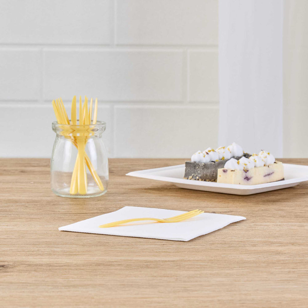 Coppetta Baby Yellow Plastic Cake Fork with Knife Edge - 4" x 3/4" - 100 count box