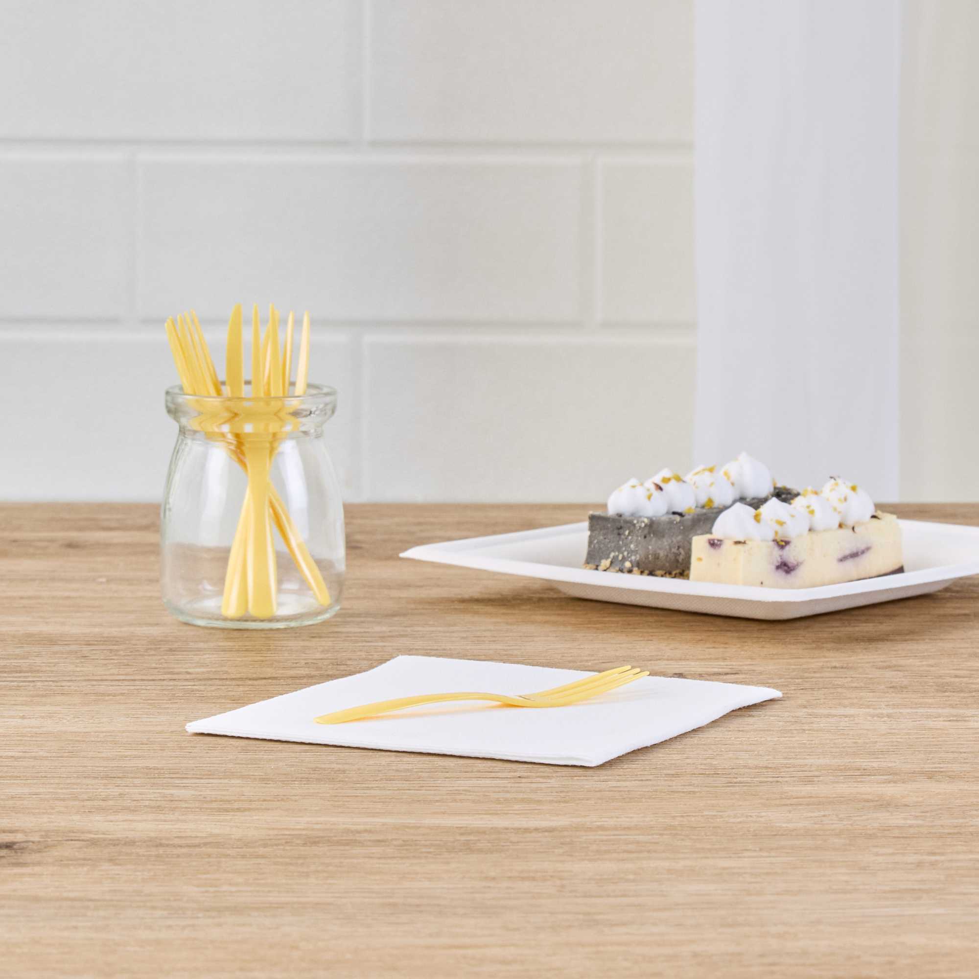 Coppetta Baby Yellow Plastic Cake Fork with Knife Edge - 4" x 3/4" - 100 count box