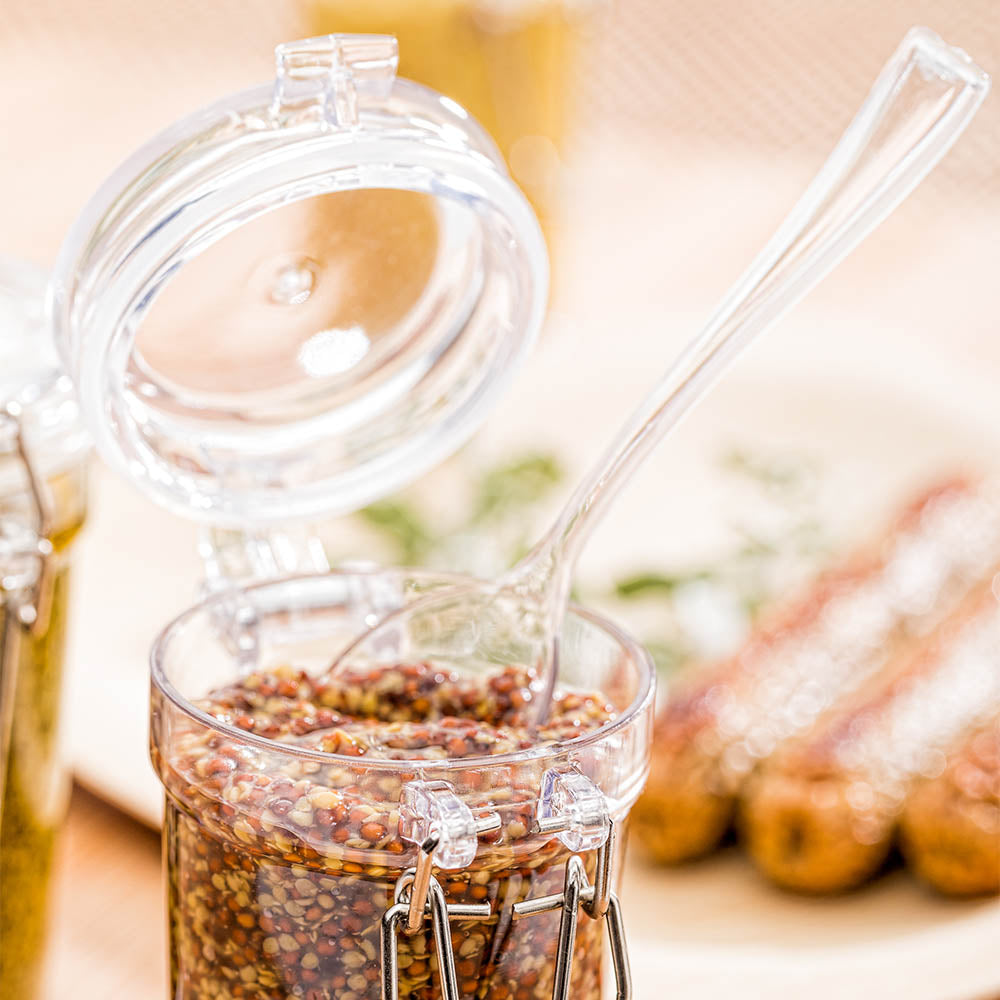 Mini Serve 3 oz Clear Plastic Nostalgic Mason Jar - with Clamp Lid - 2 1/4" x 1 3/4" x 3 1/4" - 100 count box