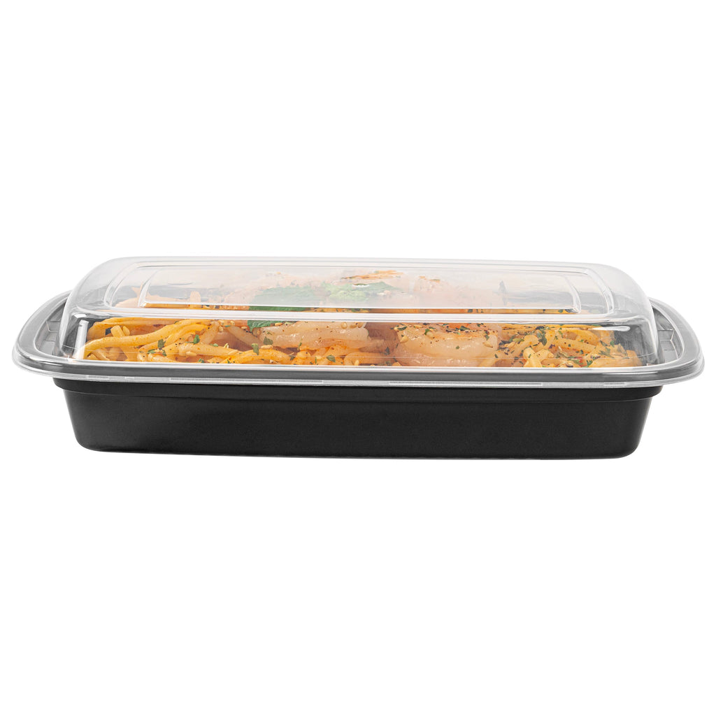 Asporto 16 oz Rectangle Black Plastic To Go Box - with Clear Lid, Microwavable - 7 3/4" x 5 1/2" x 1 1/2" - 50 count box