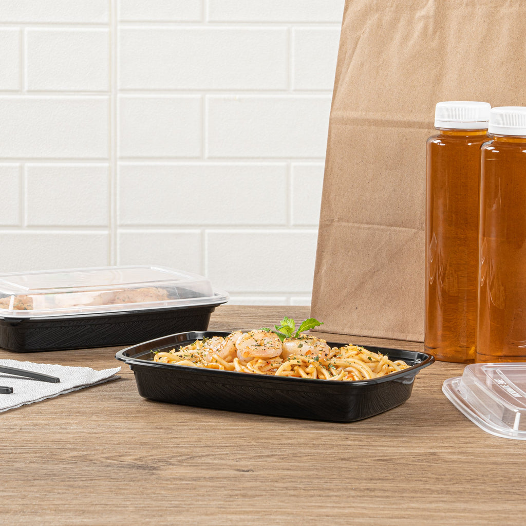 Asporto 16 oz Rectangle Black Plastic To Go Box - with Clear Lid, Microwavable - 7 3/4" x 5 1/2" x 1 1/2" - 50 count box