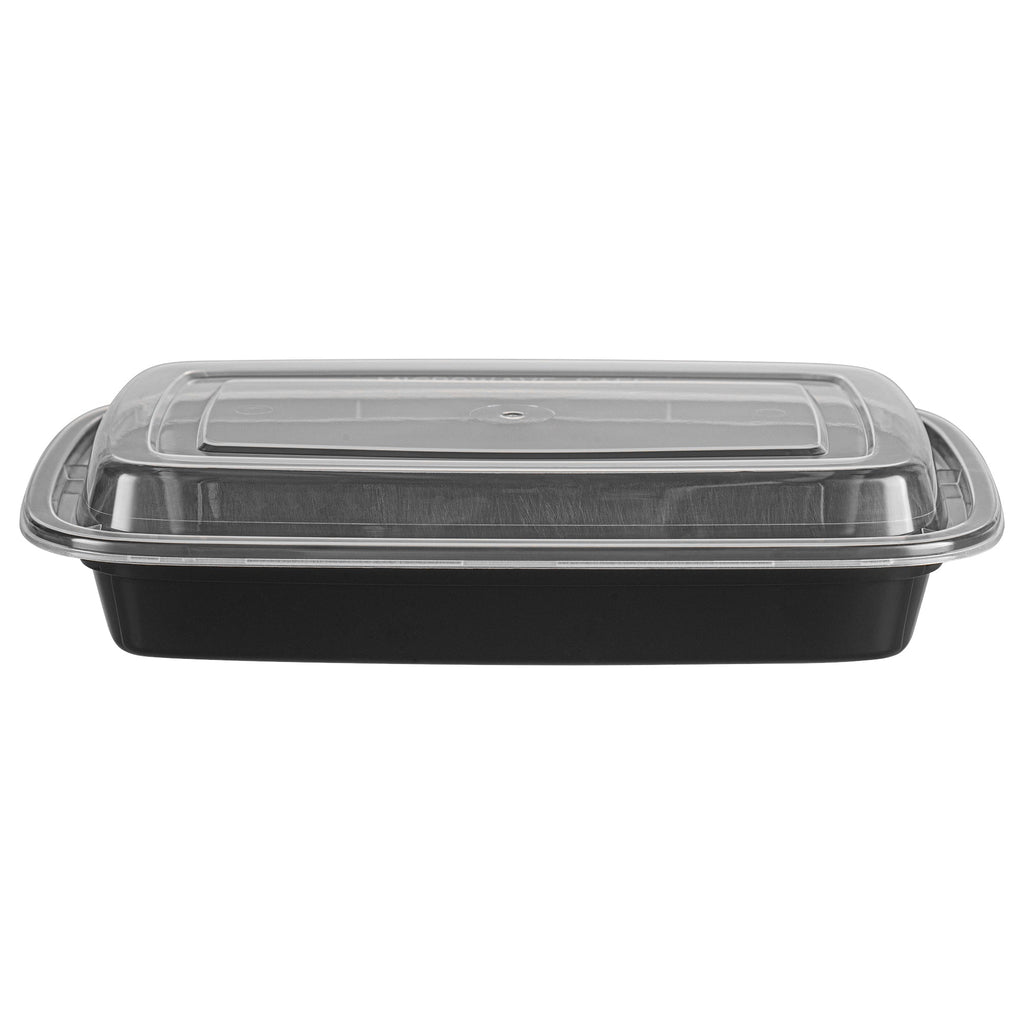 Asporto 16 oz Rectangle Black Plastic To Go Box - with Clear Lid, Microwavable - 7 3/4" x 5 1/2" x 1 1/2" - 100 count box
