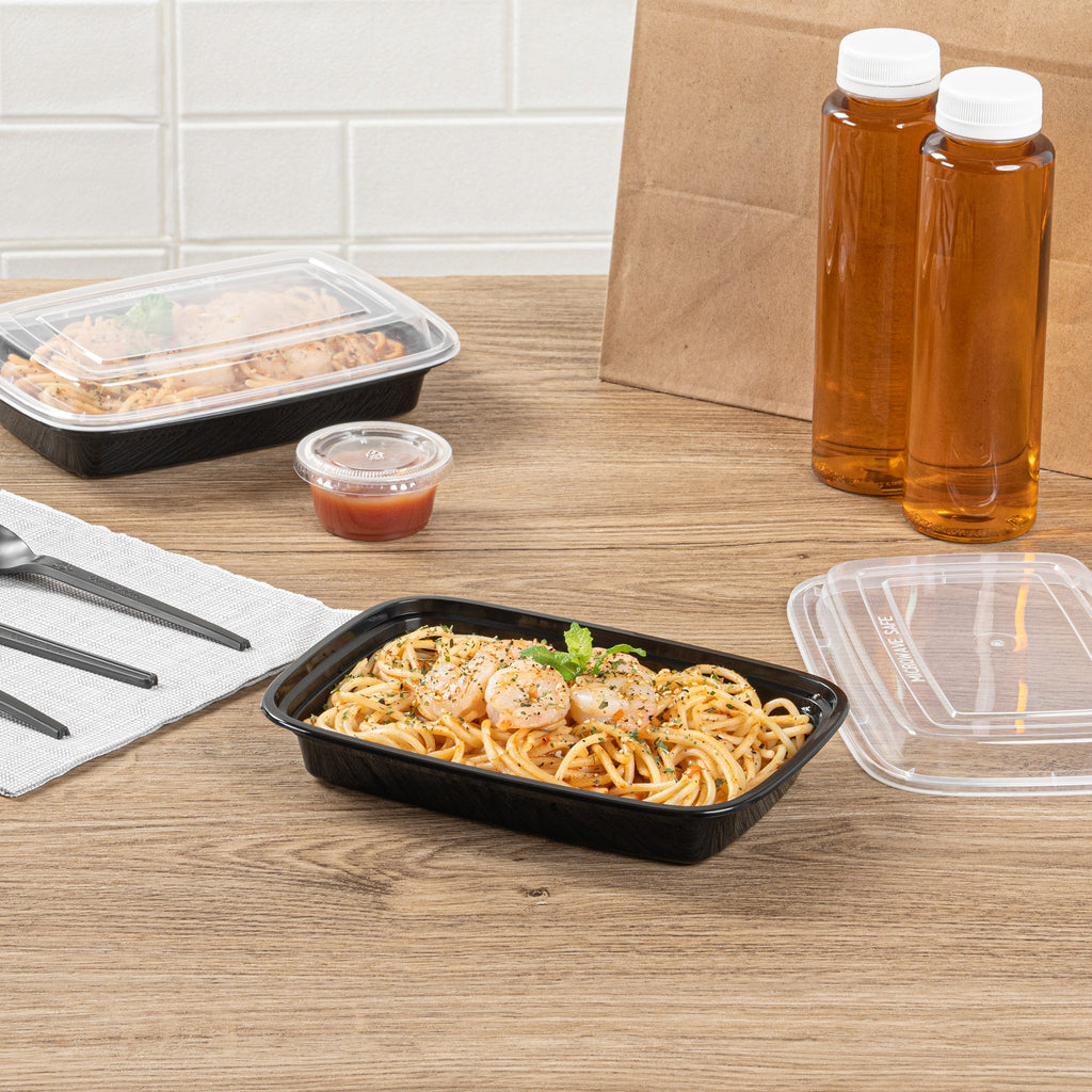 Asporto 16 oz Rectangle Black Plastic To Go Box - with Clear Lid, Microwavable - 7 3/4" x 5 1/2" x 1 1/2" - 100 count box