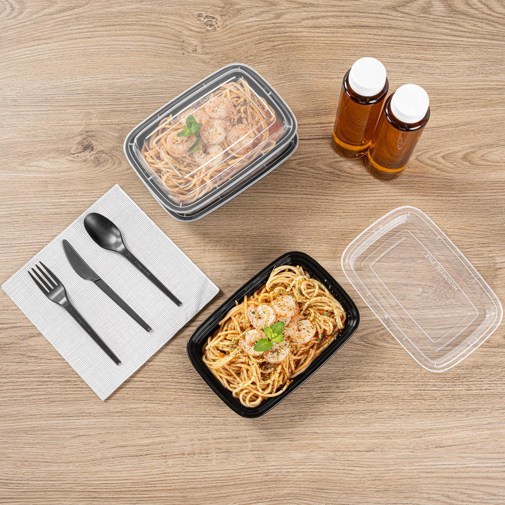 Asporto 16 oz Rectangle Black Plastic To Go Box - with Clear Lid, Microwavable - 7 3/4" x 5 1/2" x 1 1/2" - 100 count box