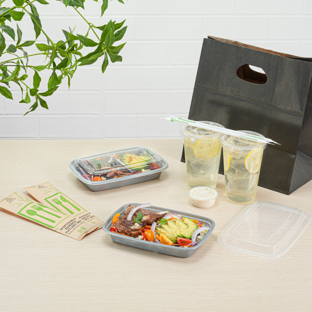 Asporto 16 oz Rectangle Silver Plastic To Go Box - with Clear Lid, Microwavable - 7 3/4" x 5 1/2" x 1 1/2" - 100 count box
