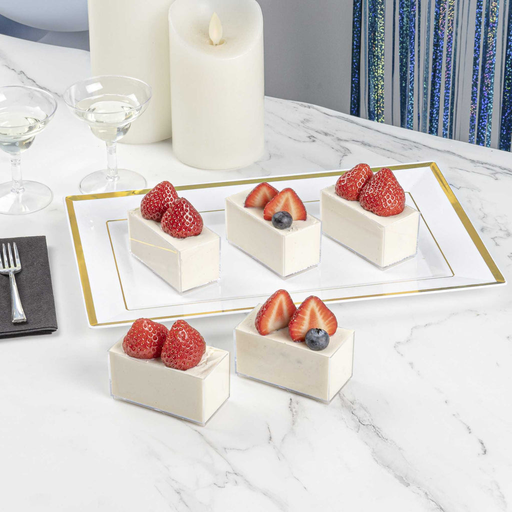 Mini Serve 3 oz Rectangle Clear Plastic Dessert Cup - Stackable - 2 3/4" x 1 1/2" x 1 1/2" - 20 count box