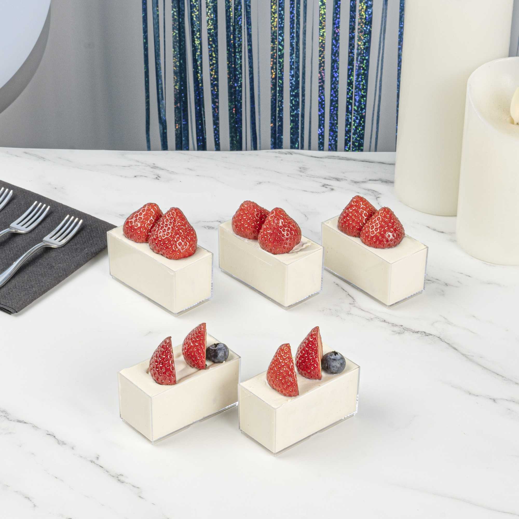 Mini Serve 3 oz Rectangle Clear Plastic Dessert Cup - Stackable - 2 3/4" x 1 1/2" x 1 1/2" - 20 count box
