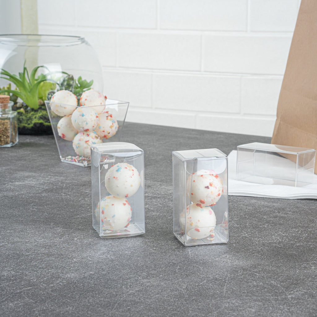 Sweet Vision Clear Plastic Candy Box - Tuck Top, with Sleeve - 1 1/2" x 1 1/2" x 2 3/4" - 100 count box