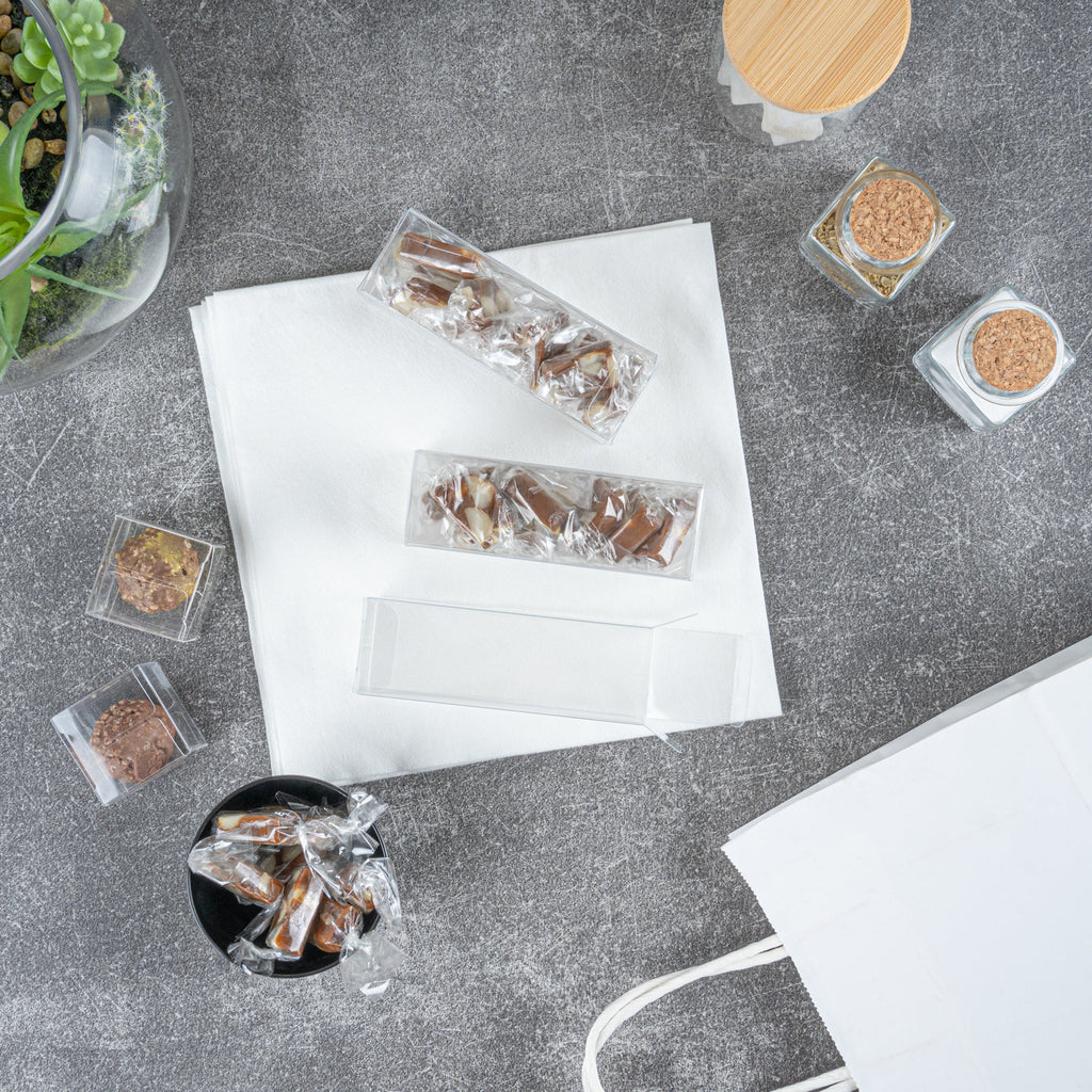 Sweet Vision Clear Plastic Candy Box - Tuck Top, with Sleeve - 1 1/2" x 1 1/2" x 4 1/4" - 100 count box