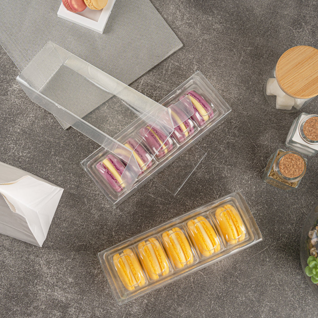 Sweet Vision Clear Plastic French Macaron Box - Fits 5 Macarons - 7 1/2" x 2 1/2" x 2" - 100 count box