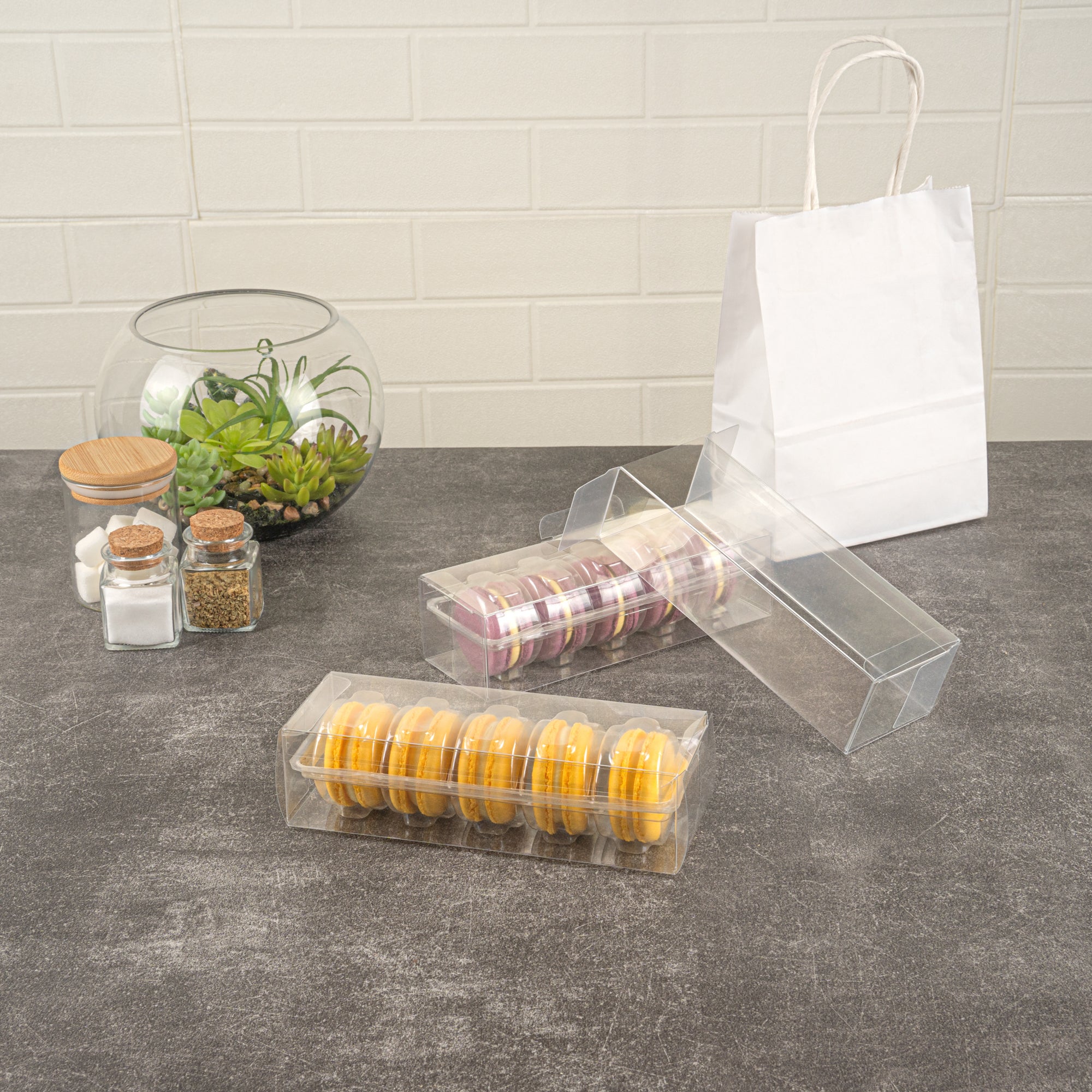 Sweet Vision Clear Plastic French Macaron Box - Fits 5 Macarons - 7 1/2" x 2 1/2" x 2" - 100 count box