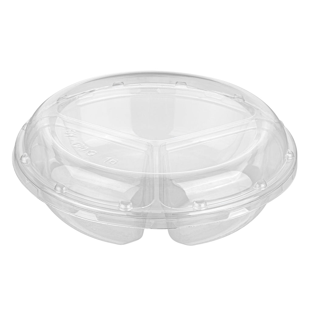 Thermo Tek Round Clear Plastic Serving Platter - with Lid, 3 Compartments - 7 1/2" x 7 1/2" x 2 1/2" - 100 count box