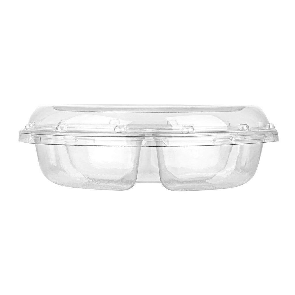 Thermo Tek Round Clear Plastic Serving Platter - with Lid, 3 Compartments - 7 1/2" x 7 1/2" x 2 1/2" - 100 count box