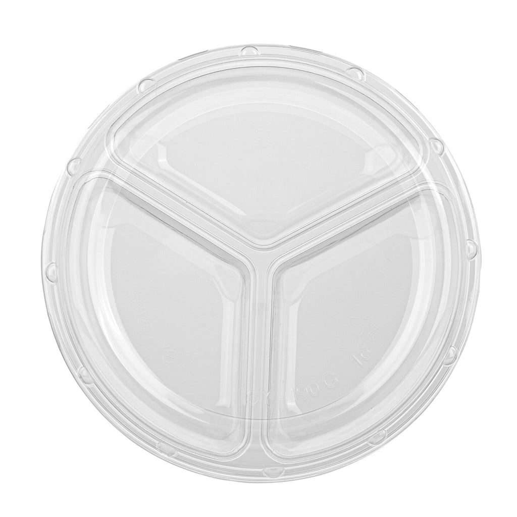 Thermo Tek Round Clear Plastic Serving Platter - with Lid, 3 Compartments - 7 1/2" x 7 1/2" x 2 1/2" - 100 count box