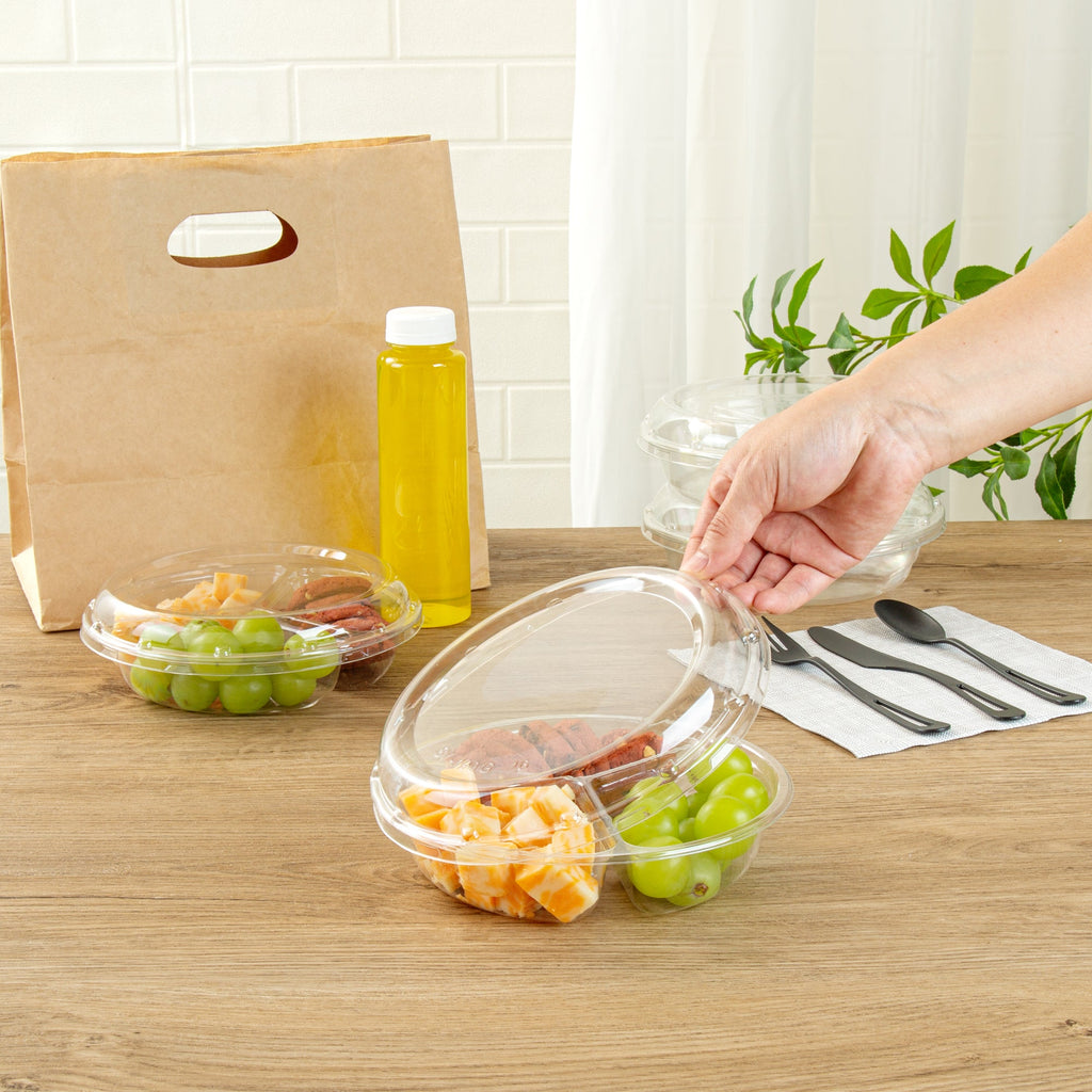 Thermo Tek Round Clear Plastic Serving Platter - with Lid, 3 Compartments - 7 1/2" x 7 1/2" x 2 1/2" - 100 count box