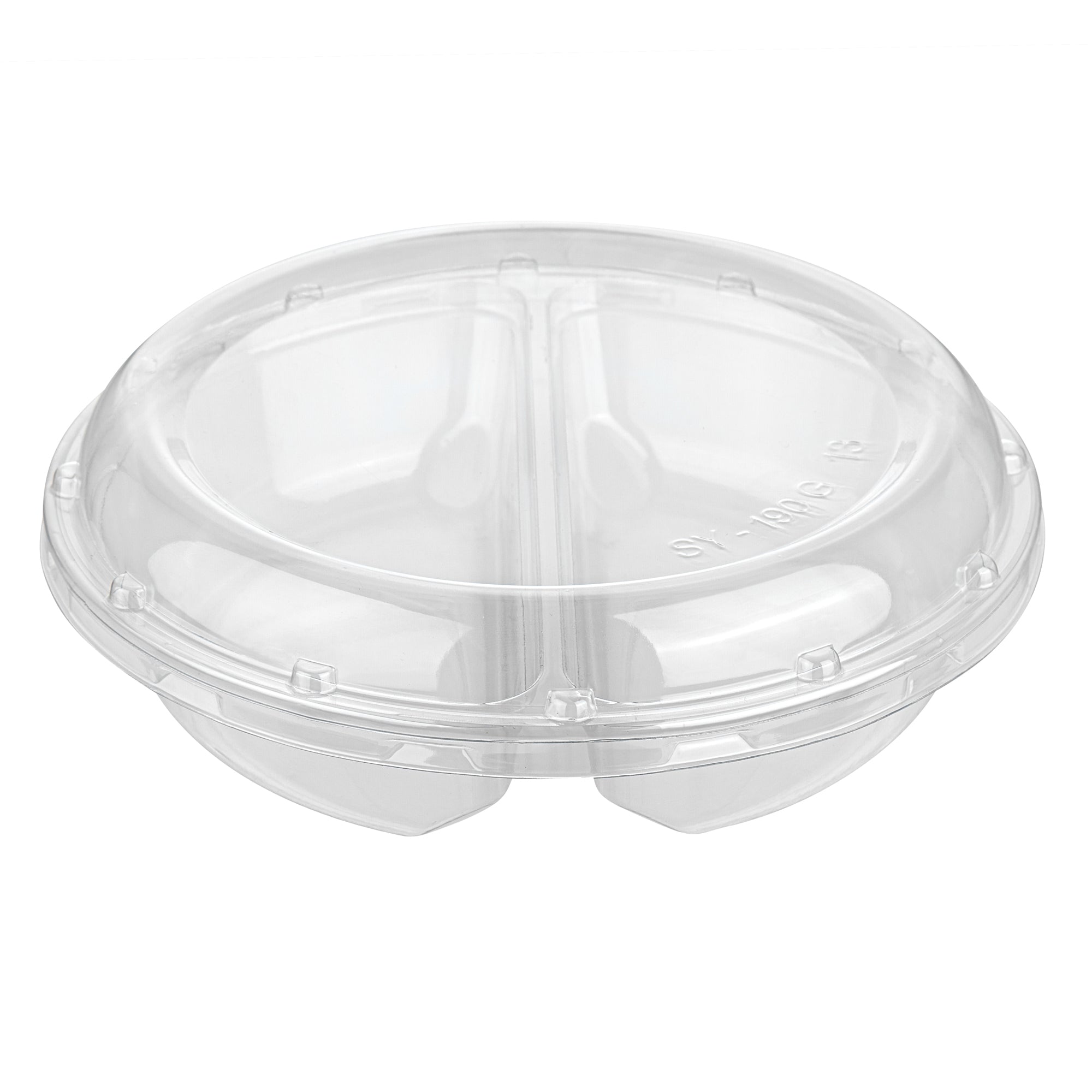 Thermo Tek Round Clear Plastic Serving Platter - with Lid, 2 Compartments - 7 1/2" x 7 1/2" x 2 1/2" - 100 count box