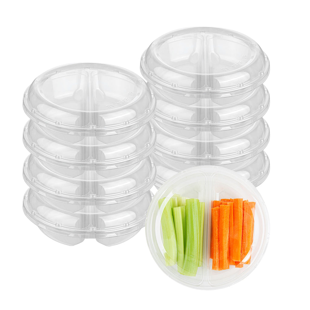 Thermo Tek Round Clear Plastic Serving Platter - with Lid, 2 Compartments - 7 1/2" x 7 1/2" x 2 1/2" - 100 count box