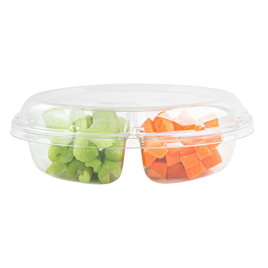 Thermo Tek Round Clear Plastic Serving Platter - with Lid, 2 Compartments - 7 1/2" x 7 1/2" x 2 1/2" - 100 count box