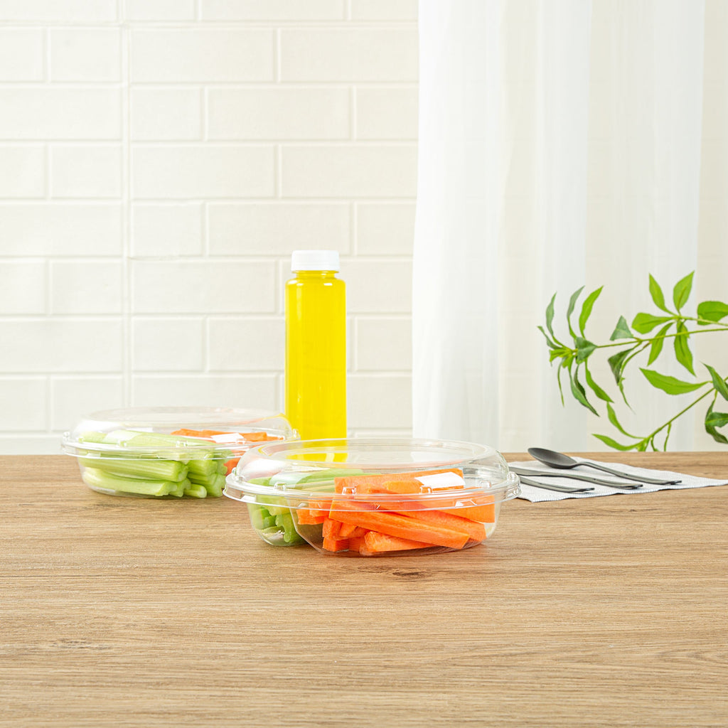 Thermo Tek Round Clear Plastic Serving Platter - with Lid, 2 Compartments - 7 1/2" x 7 1/2" x 2 1/2" - 100 count box