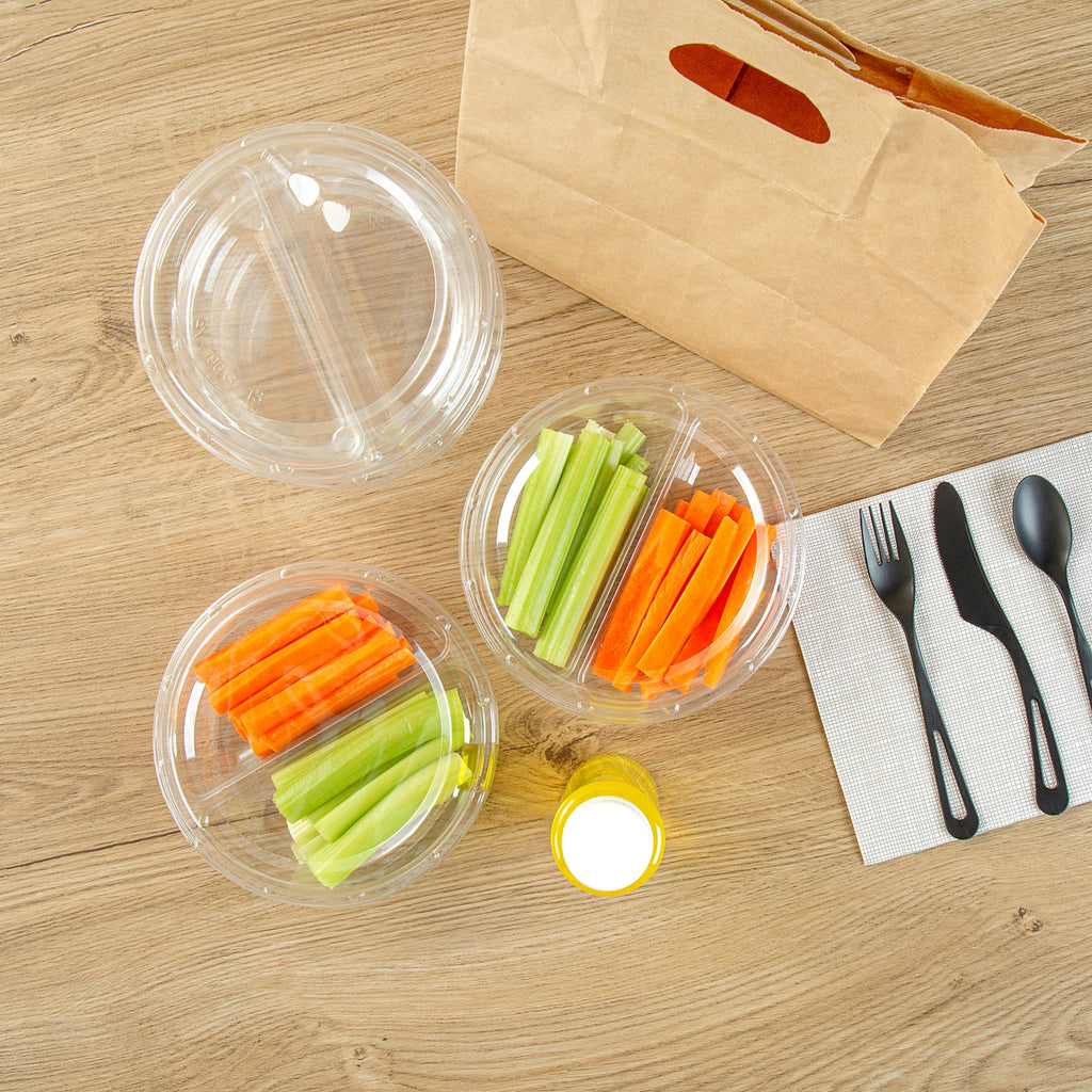 Thermo Tek Round Clear Plastic Serving Platter - with Lid, 2 Compartments - 7 1/2" x 7 1/2" x 2 1/2" - 100 count box
