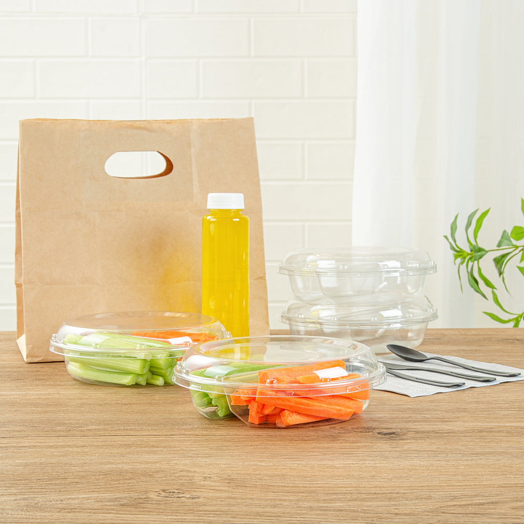 Thermo Tek Round Clear Plastic Serving Platter - with Lid, 2 Compartments - 7 1/2" x 7 1/2" x 2 1/2" - 100 count box