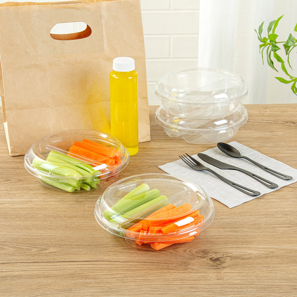Thermo Tek Round Clear Plastic Serving Platter - with Lid, 2 Compartments - 7 1/2" x 7 1/2" x 2 1/2" - 100 count box