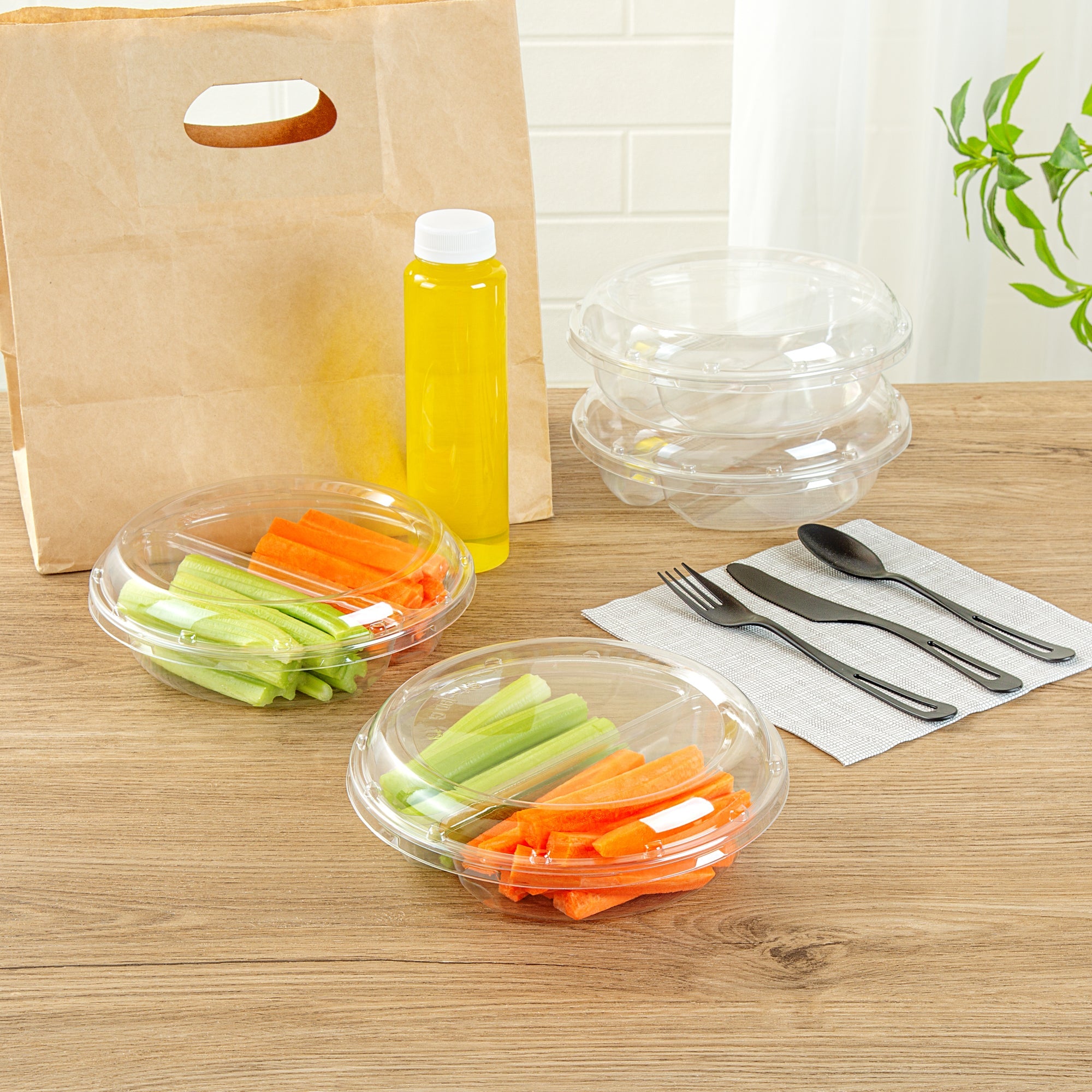 Thermo Tek Round Clear Plastic Serving Platter - with Lid, 2 Compartments - 7 1/2" x 7 1/2" x 2 1/2" - 100 count box