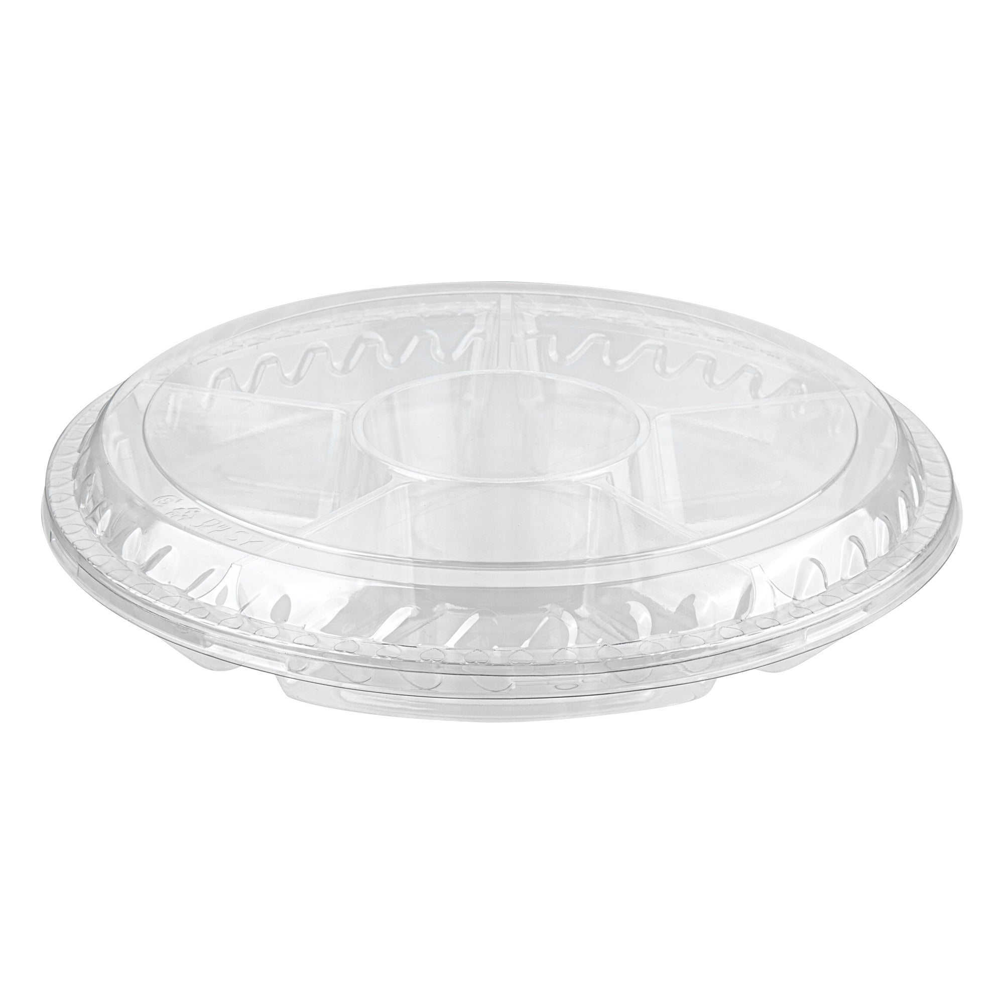 Thermo Tek Round Clear Plastic Serving Platter - with Lid, 6 Compartments - 11 3/4" x 11 3/4" x 2" - 100 count box