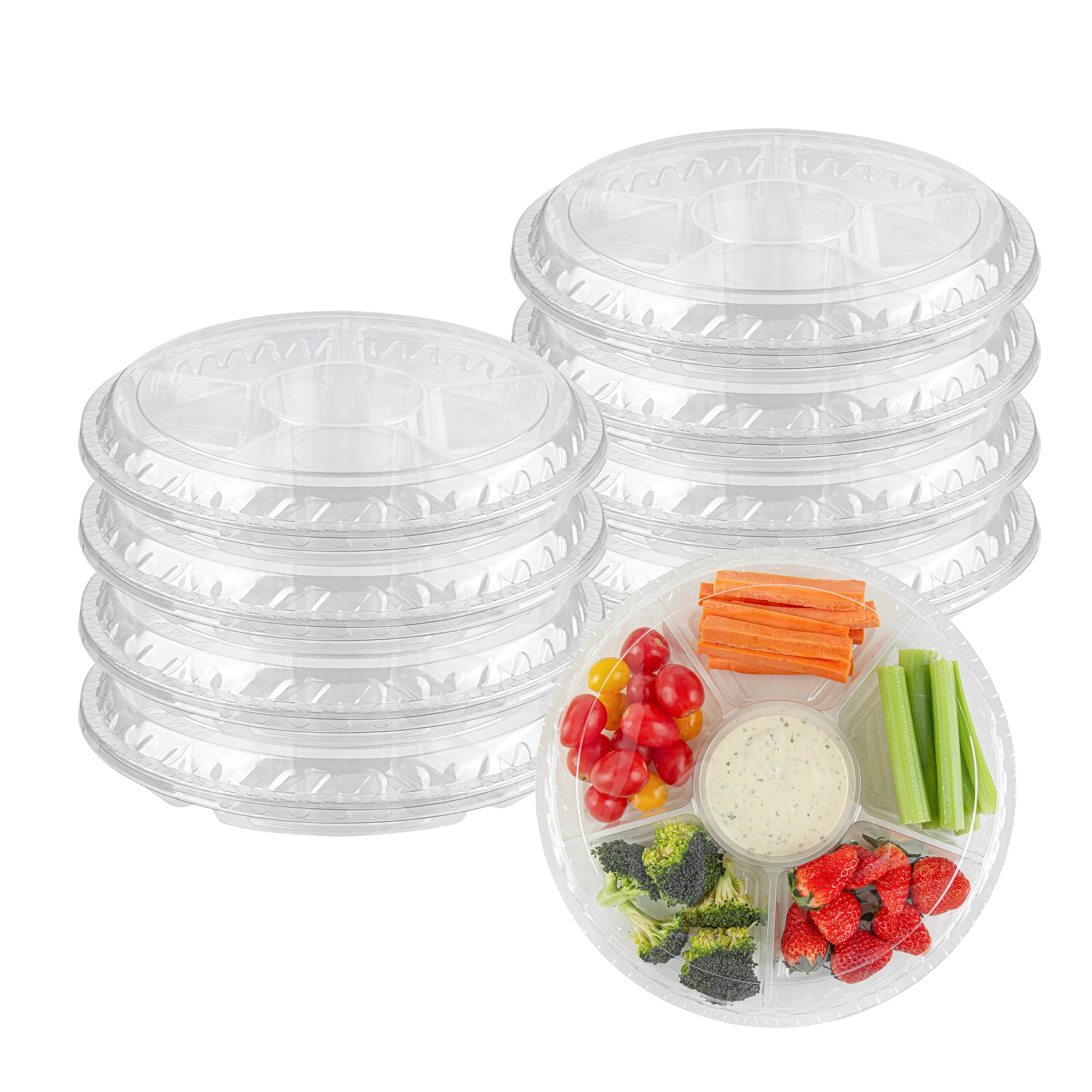 Thermo Tek Round Clear Plastic Serving Platter - with Lid, 6 Compartments - 11 3/4" x 11 3/4" x 2" - 100 count box