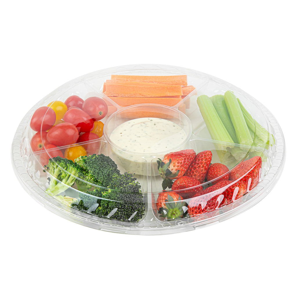 Thermo Tek Round Clear Plastic Serving Platter - with Lid, 6 Compartments - 11 3/4" x 11 3/4" x 2" - 100 count box