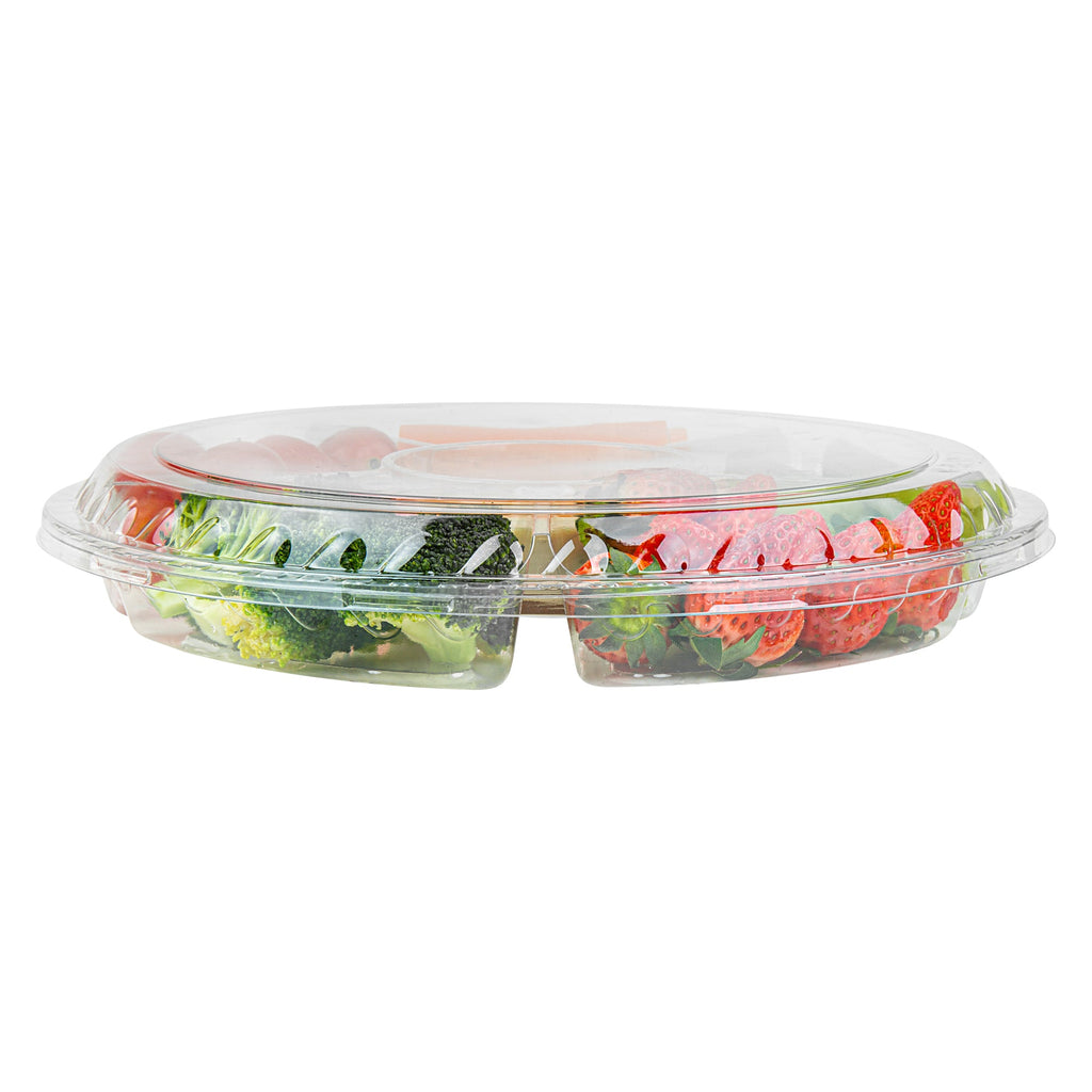 Thermo Tek Round Clear Plastic Serving Platter - with Lid, 6 Compartments - 11 3/4" x 11 3/4" x 2" - 100 count box