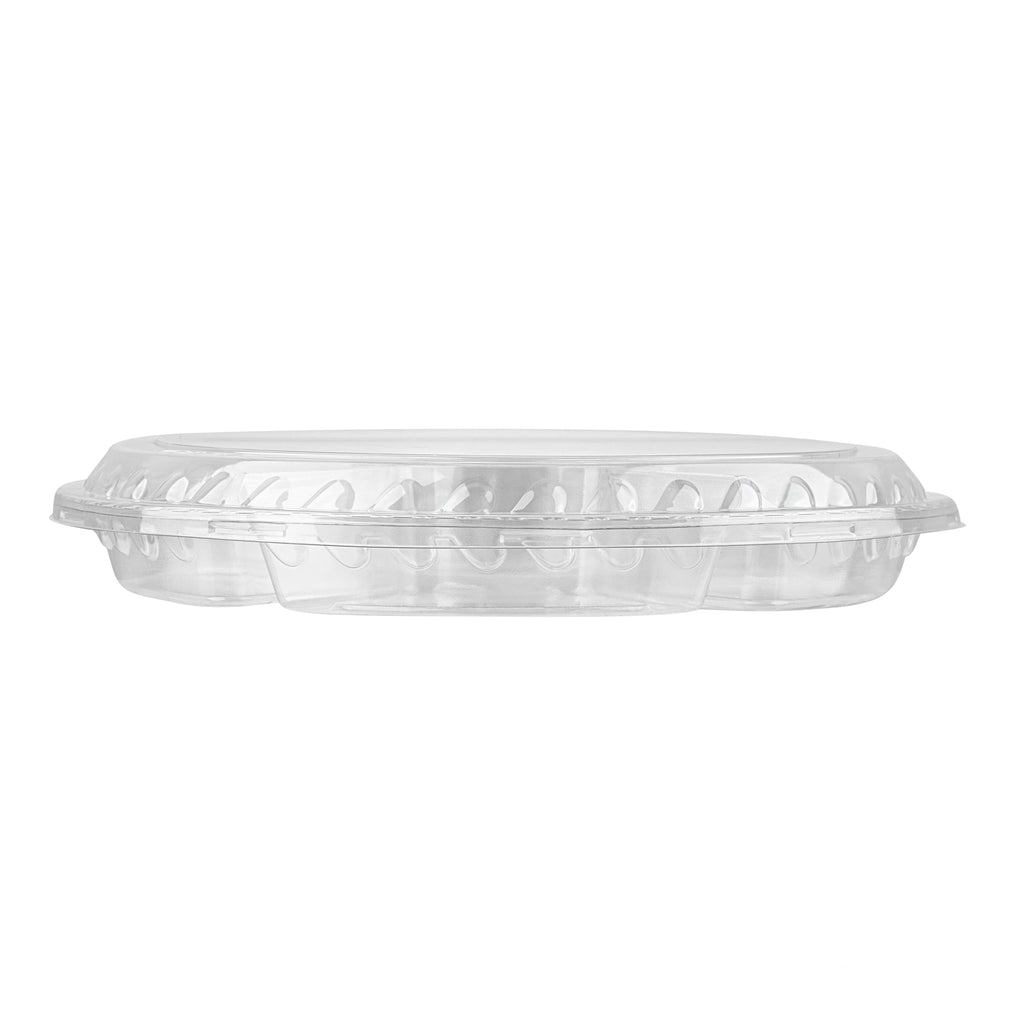 Thermo Tek Round Clear Plastic Serving Platter - with Lid, 6 Compartments - 11 3/4" x 11 3/4" x 2" - 100 count box