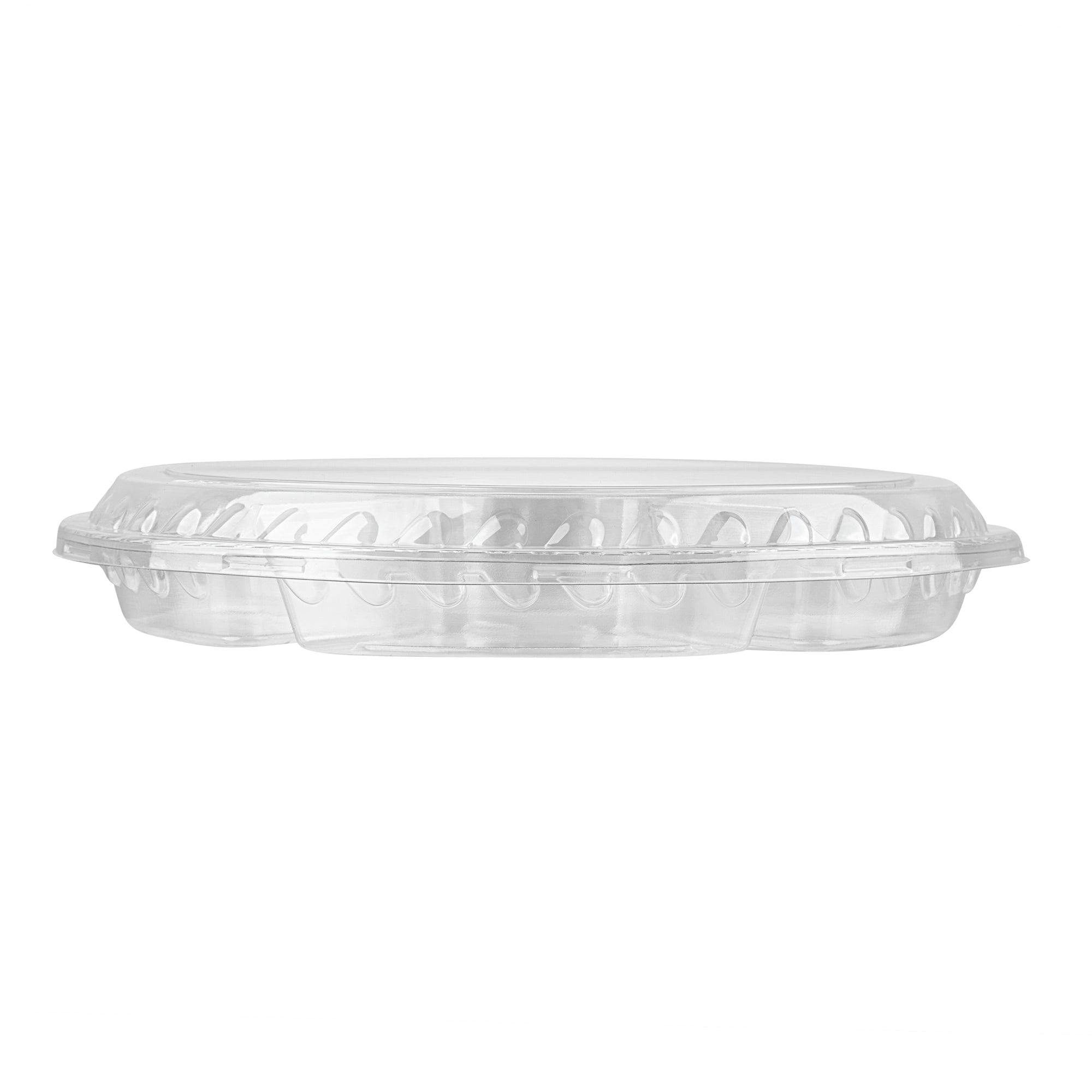 Thermo Tek Round Clear Plastic Serving Platter - with Lid, 6 Compartments - 11 3/4" x 11 3/4" x 2" - 100 count box