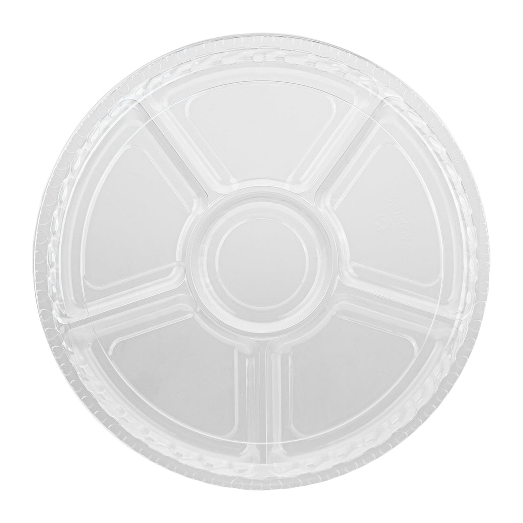 Thermo Tek Round Clear Plastic Serving Platter - with Lid, 6 Compartments - 11 3/4" x 11 3/4" x 2" - 100 count box