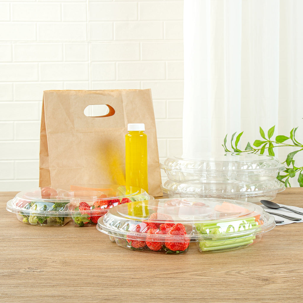 Thermo Tek Round Clear Plastic Serving Platter - with Lid, 6 Compartments - 11 3/4" x 11 3/4" x 2" - 100 count box