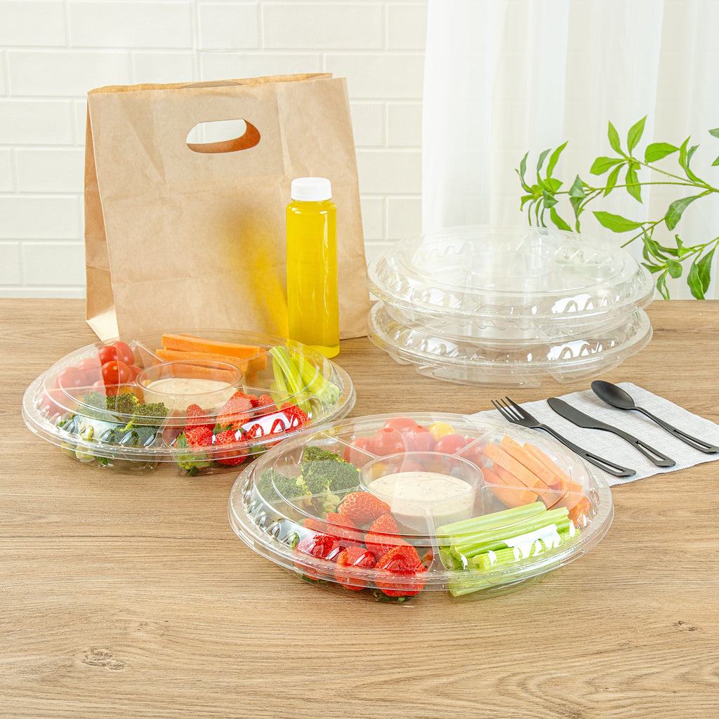 Thermo Tek Round Clear Plastic Serving Platter - with Lid, 6 Compartments - 11 3/4" x 11 3/4" x 2" - 100 count box