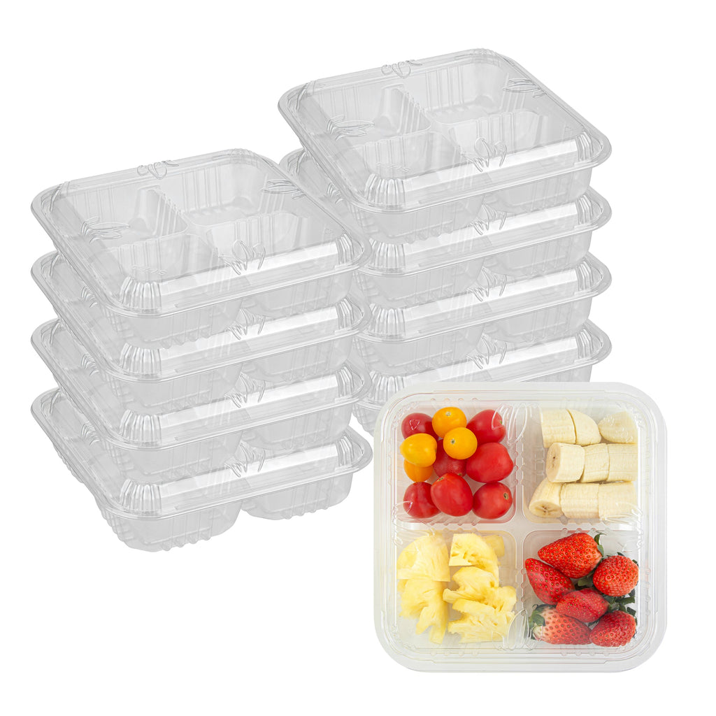 Thermo Tek Square Clear Plastic Serving Platter - with Lid, 4 Compartments - 8 1/4" x 8 1/4" x 2 1/4" - 100 count box