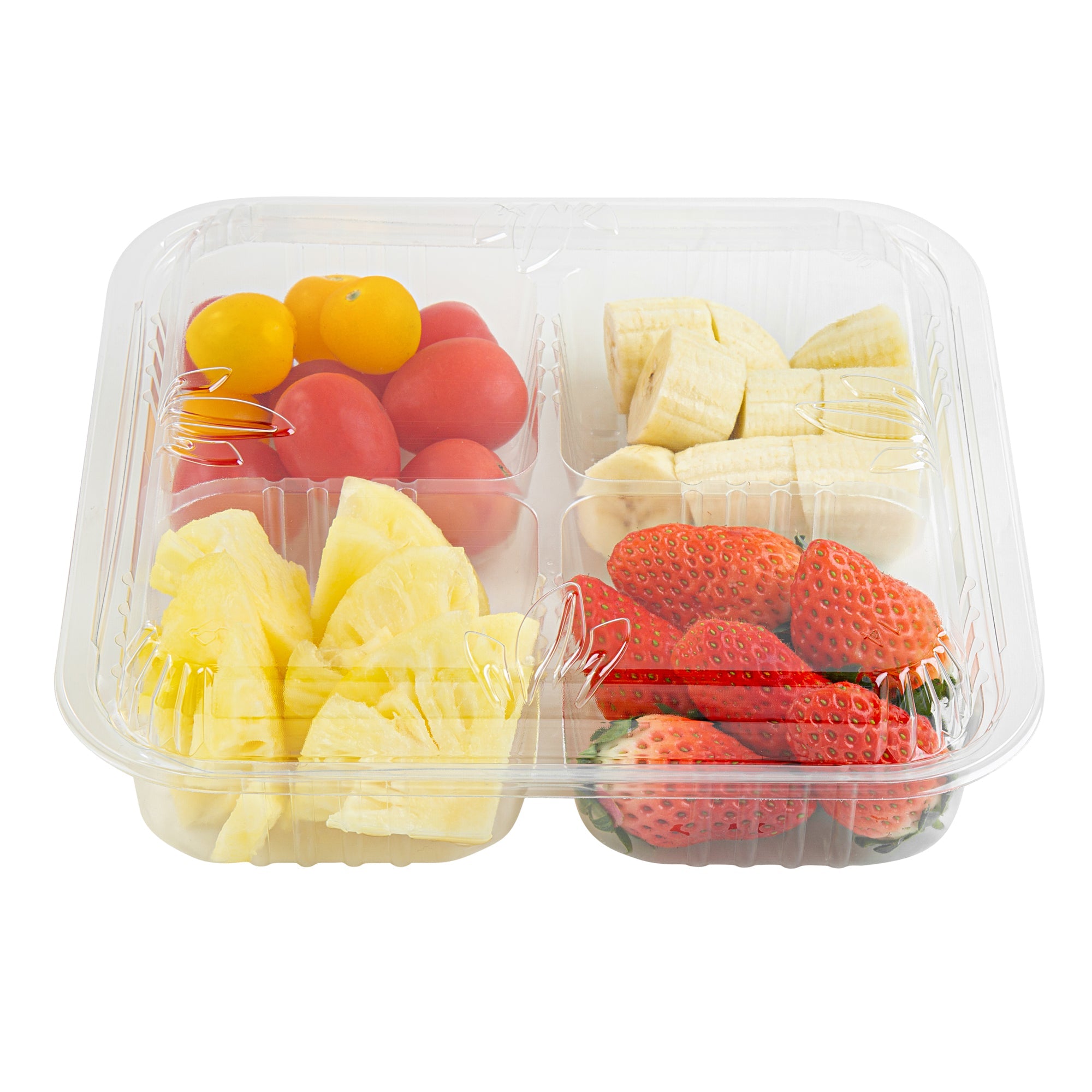 Thermo Tek Square Clear Plastic Serving Platter - with Lid, 4 Compartments - 8 1/4" x 8 1/4" x 2 1/4" - 100 count box