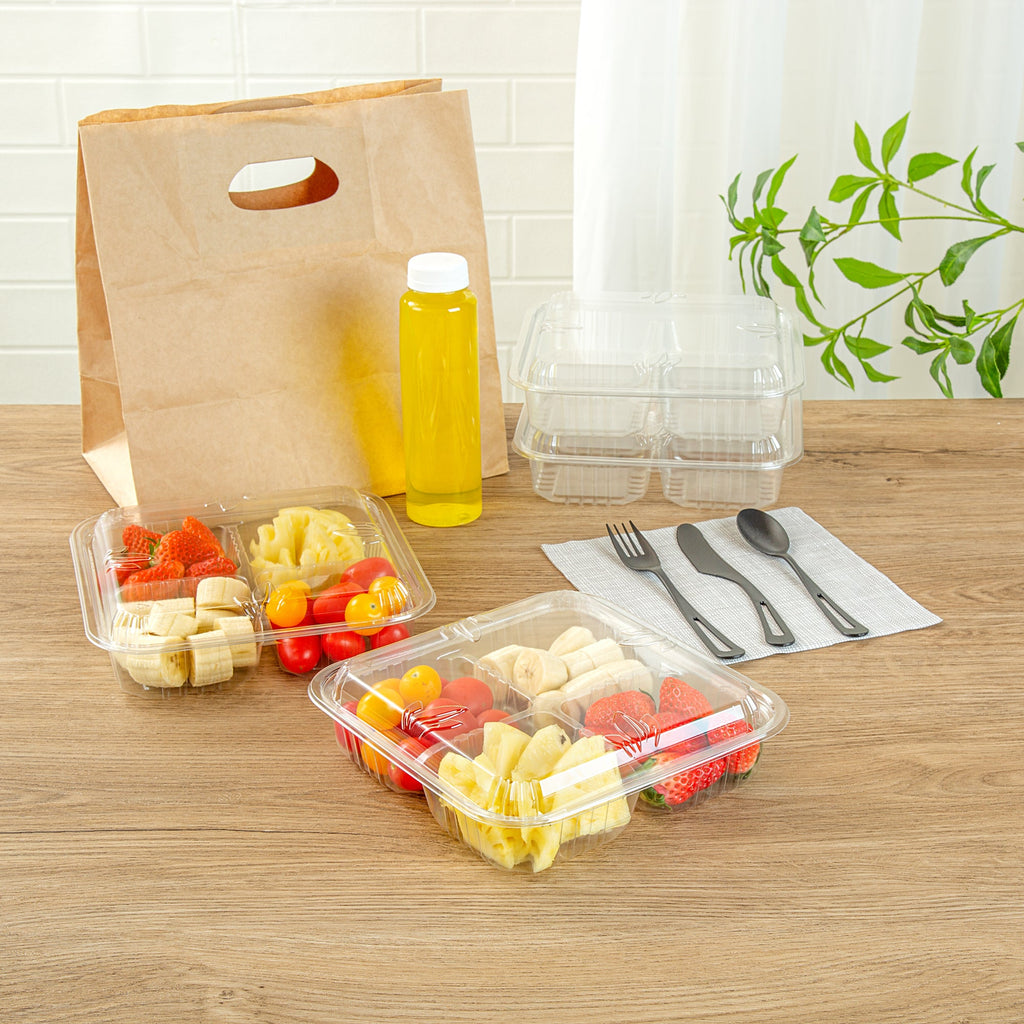 Thermo Tek Square Clear Plastic Serving Platter - with Lid, 4 Compartments - 8 1/4" x 8 1/4" x 2 1/4" - 100 count box