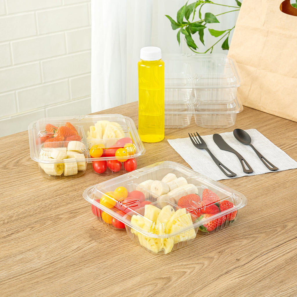 Thermo Tek Square Clear Plastic Serving Platter - with Lid, 4 Compartments - 8 1/4" x 8 1/4" x 2 1/4" - 100 count box