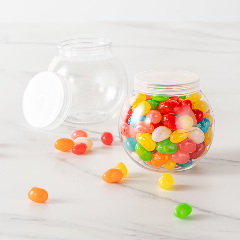 Mini Serve 3 oz Clear Plastic Bulbous Candy Jar - with Lid - 1 3/4" x 1 3/4" x 2 1/2" - 100 count box