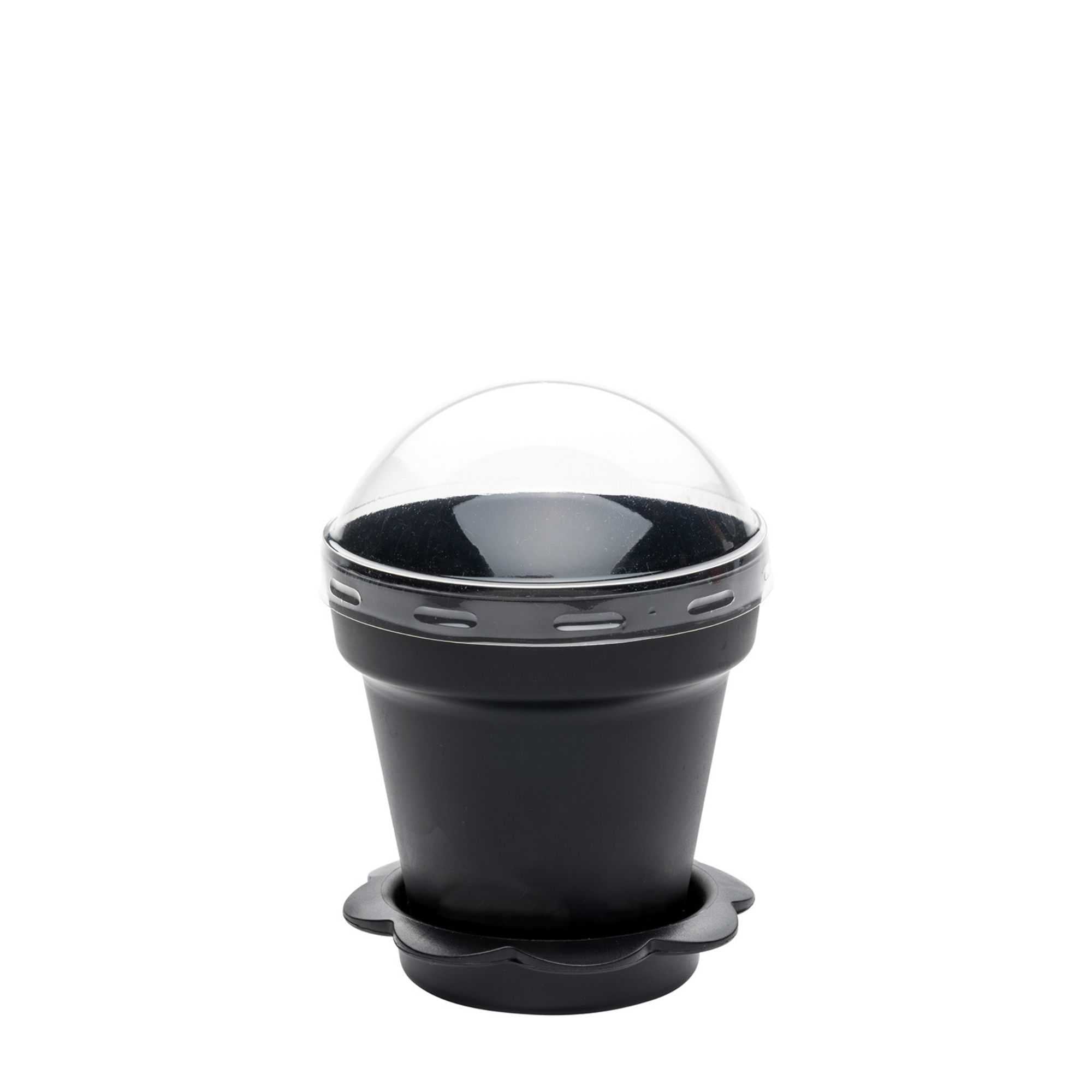 Mini Serve 6 oz Black Plastic Mini Flower Pot Cup - with Lid - 3" x 3" x 3" - 100 count box