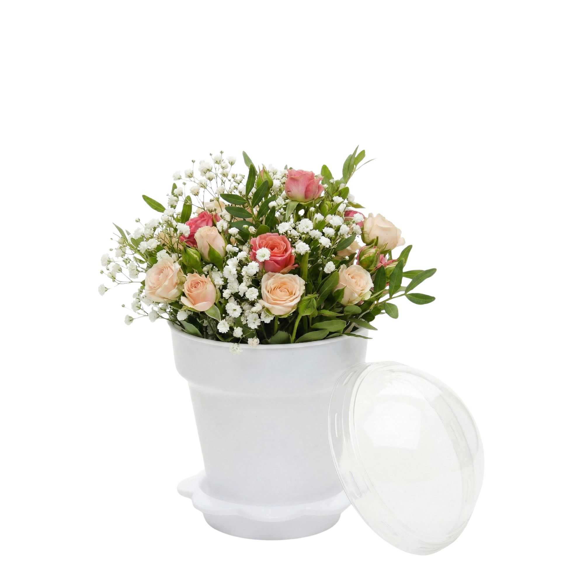 Mini Serve 6 oz White Plastic Mini Flower Pot Cup - with Lid - 3" x 3" x 3" - 100 count box