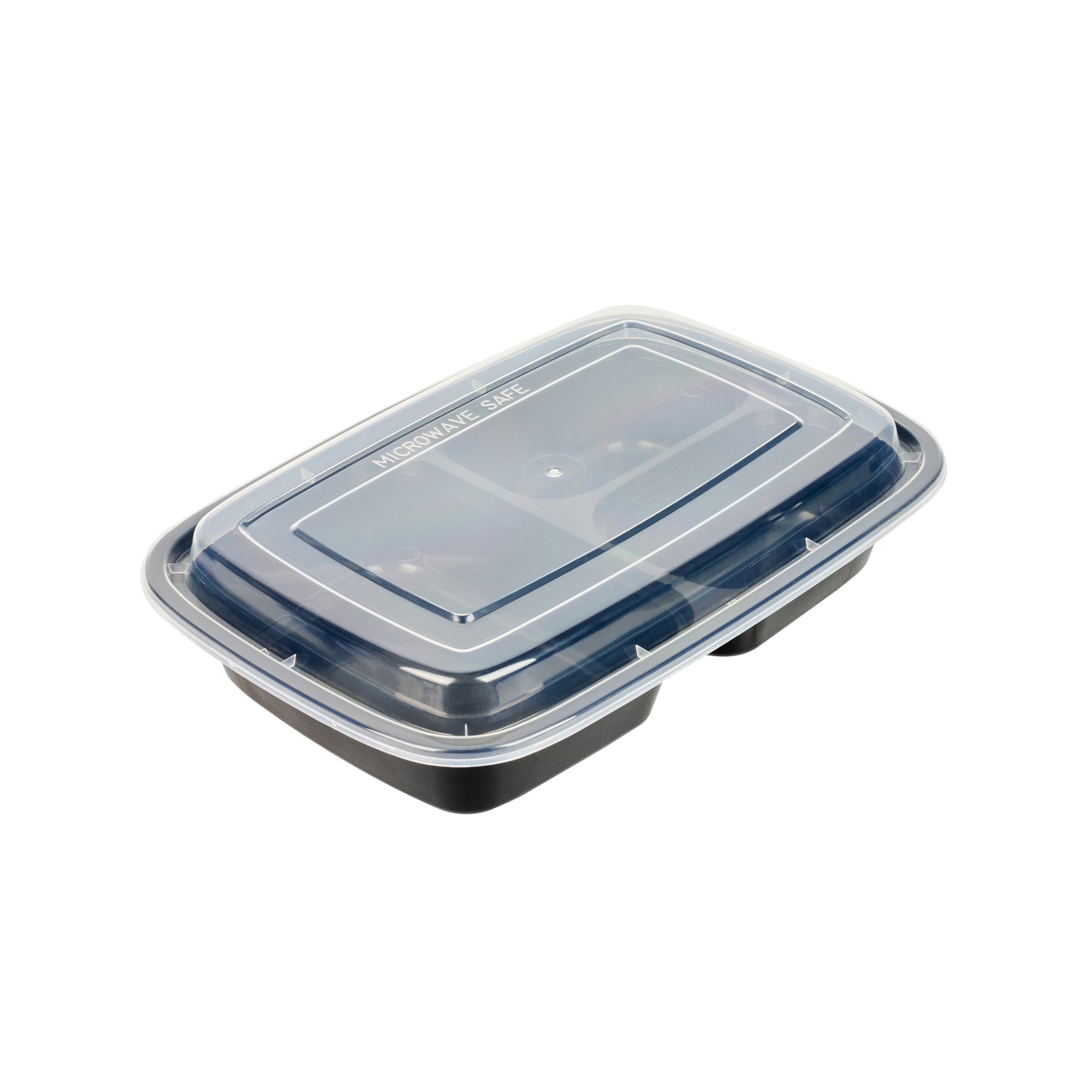 Asporto 26 oz Black Plastic 3 Compartment Food Container - with Clear Lid, Microwavable - 8 3/4" x 6" x 1 3/4" - 100 count box