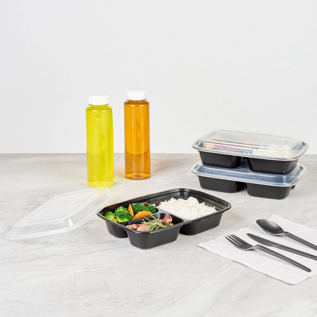 Asporto 26 oz Black Plastic 3 Compartment Food Container - with Clear Lid, Microwavable - 8 3/4" x 6" x 1 3/4" - 100 count box