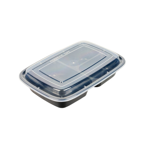 Asporto 26 oz Black Plastic 3 Compartment Food Container - with Clear Lid, Microwavable - 8 3/4" x 6" x 1 3/4" - 50 count box