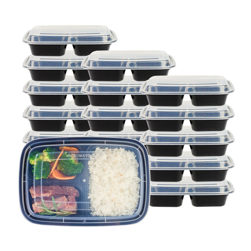 Asporto 26 oz Black Plastic 3 Compartment Food Container - with Clear Lid, Microwavable - 8 3/4" x 6" x 1 3/4" - 50 count box