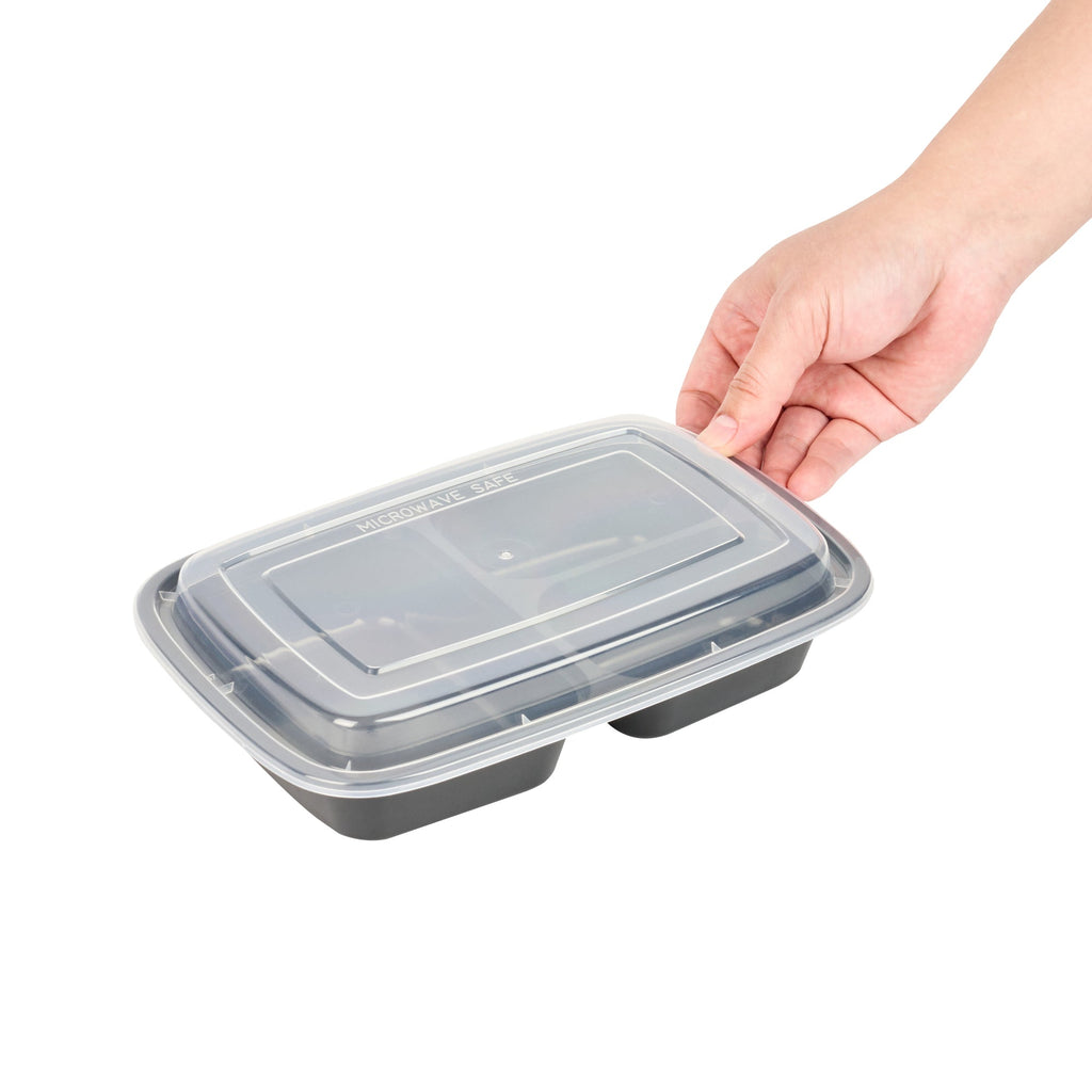 Asporto 26 oz Black Plastic 3 Compartment Food Container - with Clear Lid, Microwavable - 8 3/4" x 6" x 1 3/4" - 50 count box