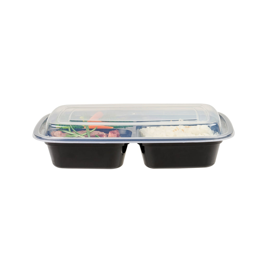 Asporto 26 oz Black Plastic 3 Compartment Food Container - with Clear Lid, Microwavable - 8 3/4" x 6" x 1 3/4" - 50 count box
